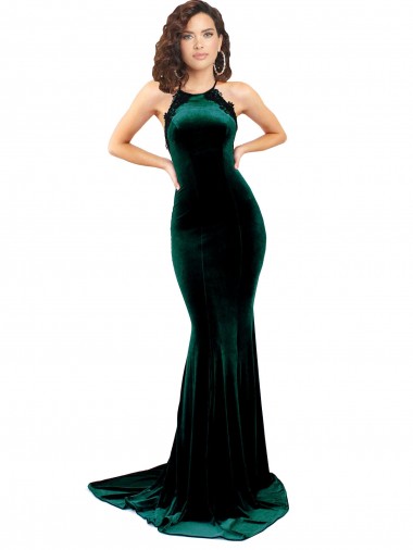 Stretch Velvet High Neck Sleeveless Open Back Sweep Train Formal Evening Gown / Prom Dress / Bridesmaid Dress Essex