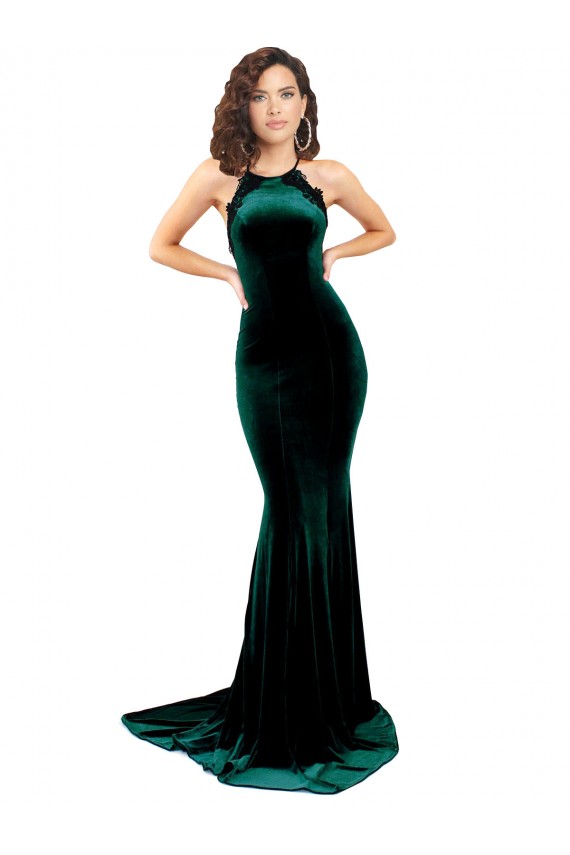 Stretch Velvet High Neck Sleeveless Open Back Sweep Train Formal Evening Gown / Prom Dress / Bridesmaid Dress Essex