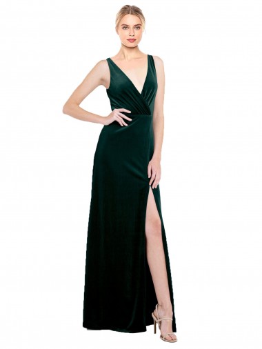 Stretch Velvet V-Neck Sleeveless V-Back Dark Green Long Black Tie Evening Dress / Prom Dress / Bridesmaid Dress Essex
