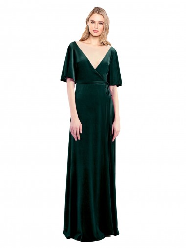 Stretch Velvet V-Neck Flutter Sleeves V-Back Long Prom Dress / Bridesmaid Dress Essex