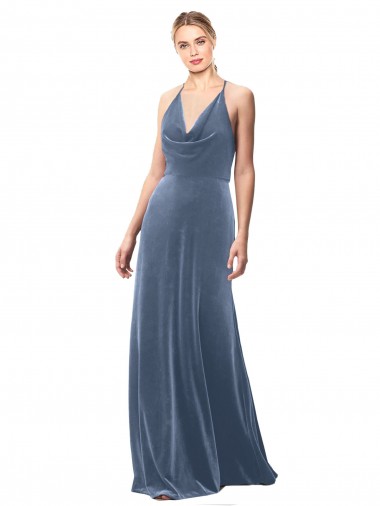 Stretch Velvet Spaghetti Straps Sleeveless Keyhole Back Long Prom Dress / Bridesmaid Dress Essex