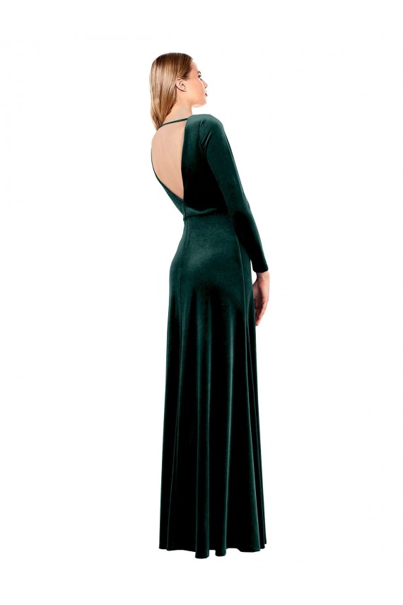 Stretch Velvet V-Neck Long Sleeves Open Back Long Black Tie Prom Dress / Bridesmaid Dress Essex