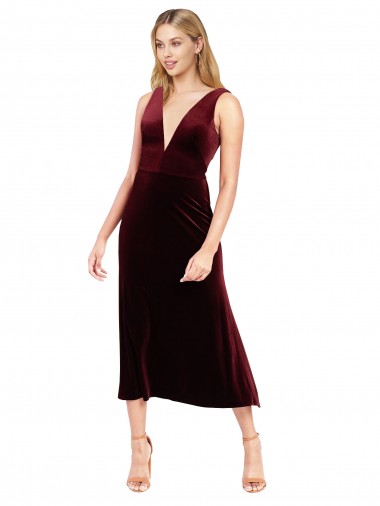 Stretch Velvet V-Neck Sleeveless V-Back Burgundy Midi Length Prom Dress / Bridesmaid Dress Essex