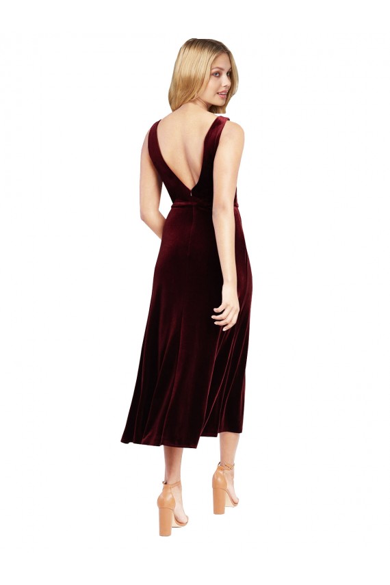 Stretch Velvet V-Neck Sleeveless V-Back Burgundy Midi Length Prom Dress / Bridesmaid Dress Essex