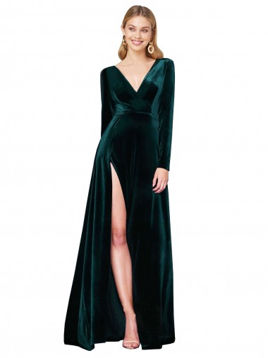 Stretch Velvet V-Neck Long Sleeves Sweep Train Black Tie Evening Gown / Prom Dress / Bridesmaid Dress Essex