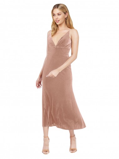 Stretch Velvet V-Neck Sleeveless V-Back Midi Length Prom Dress / Bridesmaid Dress Essex