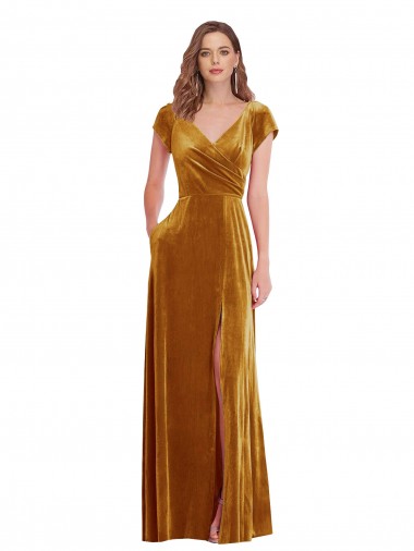 Stretch Velvet V-Neck Cap Sleeves Long Formal Evening Gown / Prom Dress / Bridesmaid Dress Essex