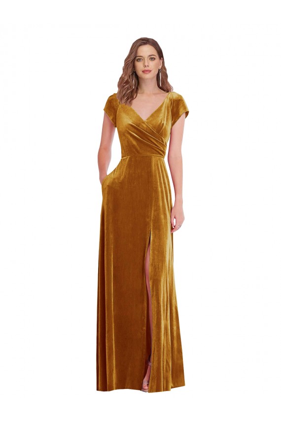 Stretch Velvet V-Neck Cap Sleeves Long Formal Evening Gown / Prom Dress / Bridesmaid Dress Essex