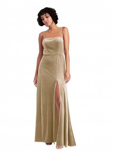Stretch Velvet Square Neck Sleeveless Low Back Champagne Long Formal Evening Gown / Prom Dress / Bridesmaid Dress Essex