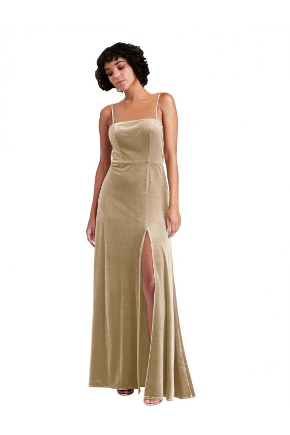 Stretch Velvet Square Neck Sleeveless Low Back Champagne Long Formal Evening Gown / Prom Dress / Bridesmaid Dress Essex