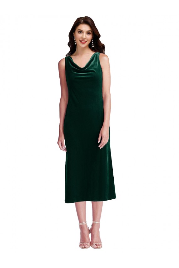 Stretch Velvet Cowl Neck Sleeveless V-Back Midi Length Evening Gown / Prom Dress / Bridesmaid Dress Essex