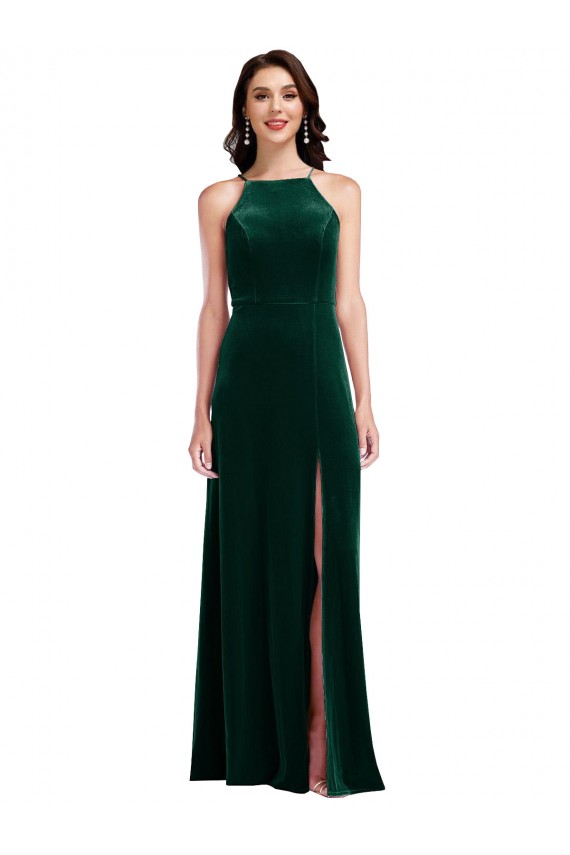 Stretch Velvet Halter Neck Sleeveless Long Semi Formal Evening Dress / Prom Dress / Bridesmaid Dress Essex