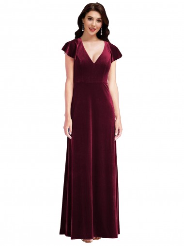 Stretch Velvet V-Neck Flutter Sleeves Long Semi Formal Evening Dress / Prom Dress / Bridesmaid Dress Essex