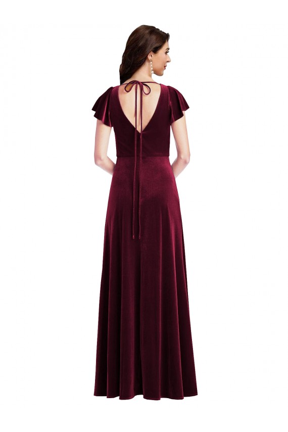 Stretch Velvet V-Neck Flutter Sleeves Long Semi Formal Evening Dress / Prom Dress / Bridesmaid Dress Essex