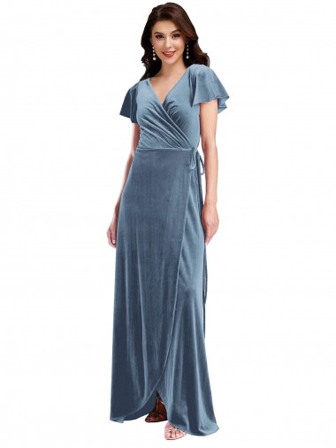 Stretch Velvet V-Neck Flutter Sleeves Long Black Tie Evening Gown / Prom Dress / Bridesmaid Dress Essex