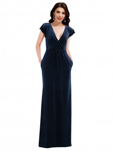 Stretch Velvet V-Neck Flutter Sleeves Long Formal Dress / Bridesmaid Dress Essex