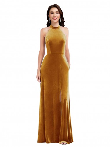 Stretch Velvet Halter Neck Sleeveless Keyhole Back Long Semi Formal Evening Dress / Prom Dress / Bridesmaid Dress Essex