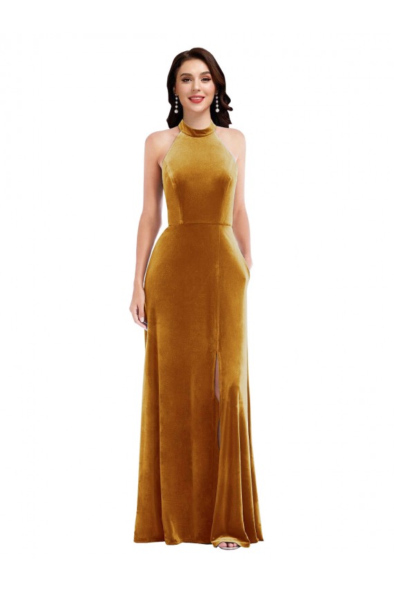 Stretch Velvet Halter Neck Sleeveless Keyhole Back Long Semi Formal Evening Dress / Prom Dress / Bridesmaid Dress Essex