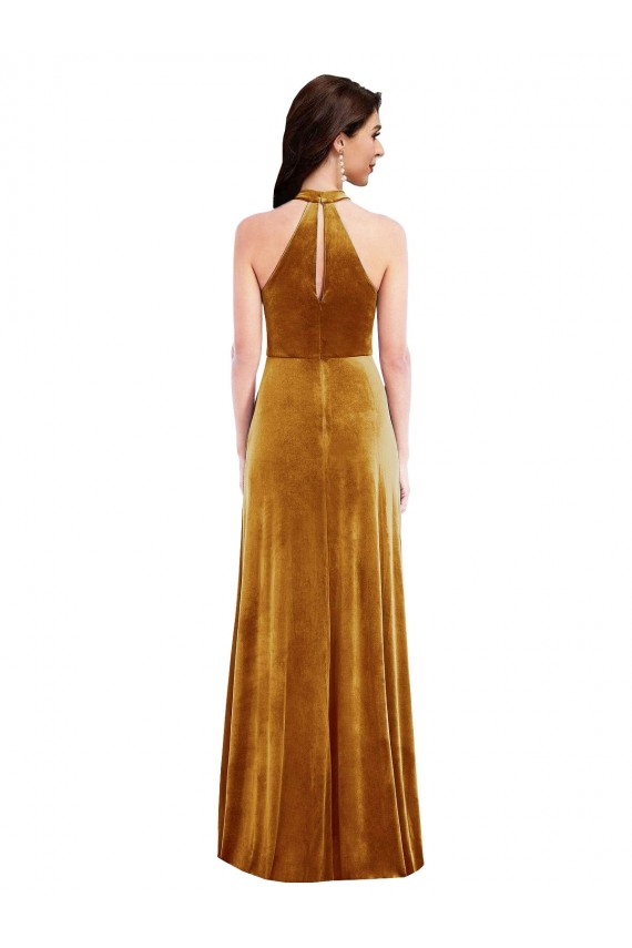 Stretch Velvet Halter Neck Sleeveless Keyhole Back Long Semi Formal Evening Dress / Prom Dress / Bridesmaid Dress Essex