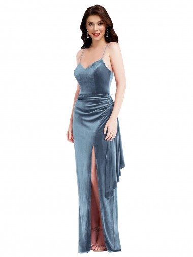 Stretch Velvet Spaghetti Straps Sleeveless Low Back Dusty Blue Long Formal Evening Gown / Prom Dress / Bridesmaid Dress Essex