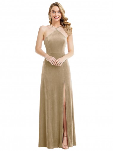 Stretch Velvet Halter Neck Sleeveless Open Back Long Semi Formal Evening Dress / Prom Dress / Bridesmaid Dress Essex