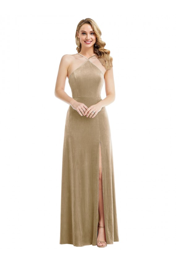 Stretch Velvet Halter Neck Sleeveless Open Back Long Semi Formal Evening Dress / Prom Dress / Bridesmaid Dress Essex