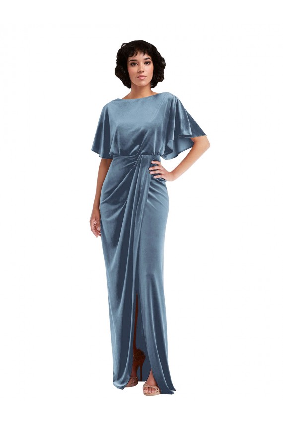 Stretch Velvet Flutter Sleeves Open Back Long Semi Formal Evening Dress / Prom Dress / Bridesmaid Dress Essex