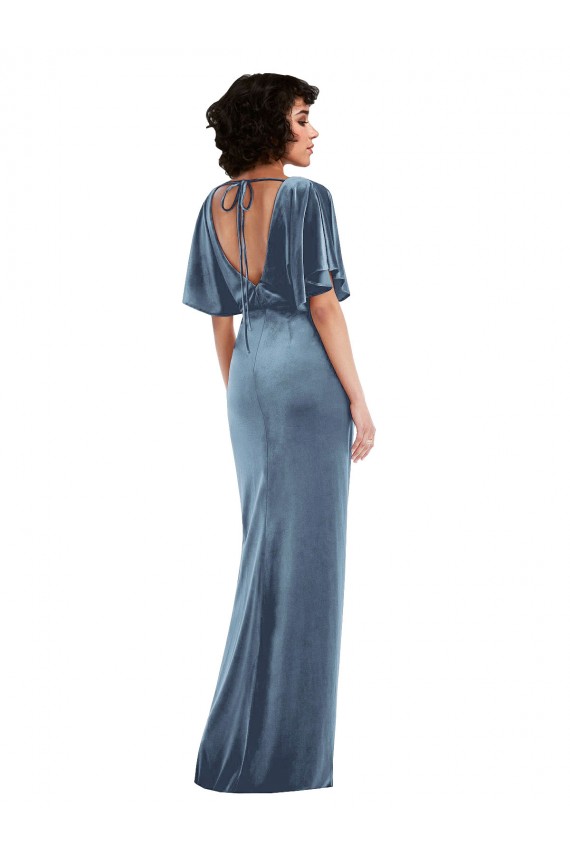 Stretch Velvet Flutter Sleeves Open Back Long Semi Formal Evening Dress / Prom Dress / Bridesmaid Dress Essex