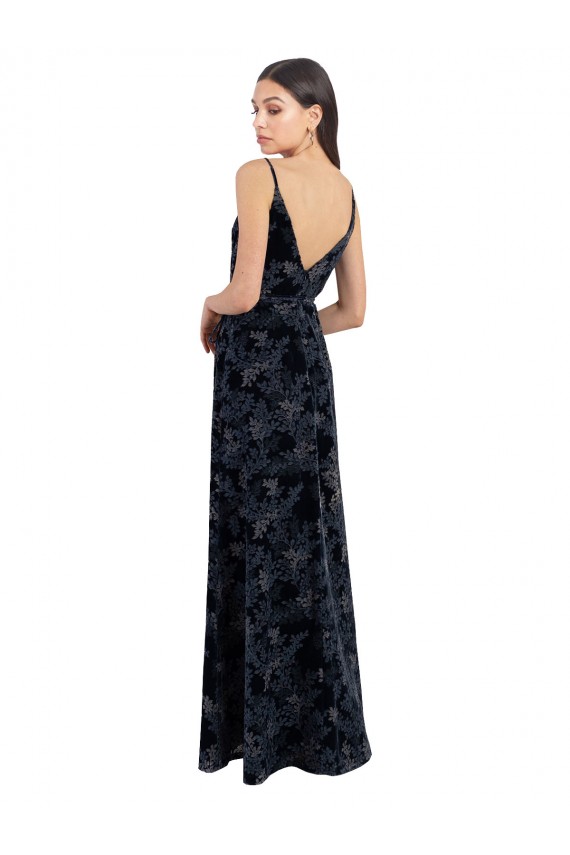 Floral Velvet & Stretch Velvet V-Neck Sleeveless V-Back Long Bridesmaid Dress Essex