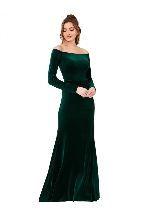 Stretch Velvet Off the Shoulder Long Sleeves Long Formal Evening Gown / Prom Dress / Bridesmaid Dress Essex