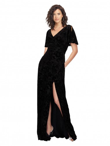 Floral Velvet & Stretch Velvet V-Neck Short Split Sleeves V-Back Long Bridesmaid Dress Essex