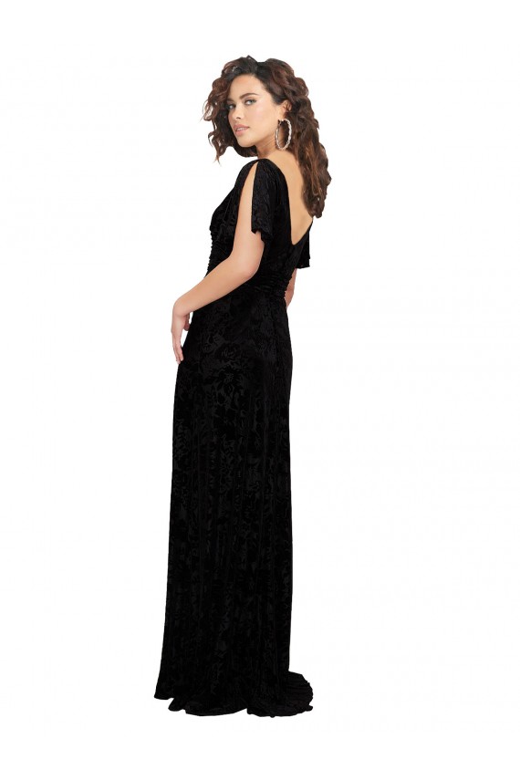 Floral Velvet & Stretch Velvet V-Neck Short Split Sleeves V-Back Long Bridesmaid Dress Essex