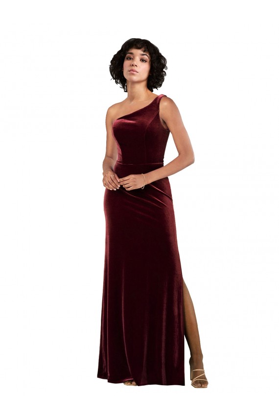 Stretch Velvet One Shoulder Sleeveless Burgundy Long Formal Evening Gown / Prom Dress / Bridesmaid Dress Essex