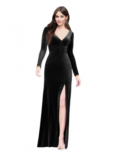 Stretch Velvet V-Neck Long Sleeves V-Back Long Formal Evening Gown / Prom Dress / Bridesmaid Dress Essex