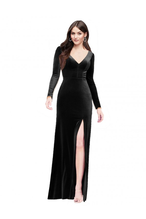 Stretch Velvet V-Neck Long Sleeves V-Back Long Formal Evening Gown / Prom Dress / Bridesmaid Dress Essex