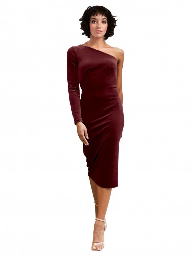 Stretch Velvet One Shoulder Long Sleeves Midi Length Black Tie Prom Dress / Bridesmaid Dress Essex