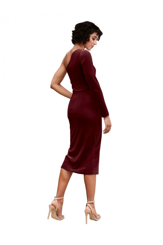 Stretch Velvet One Shoulder Long Sleeves Midi Length Black Tie Prom Dress / Bridesmaid Dress Essex