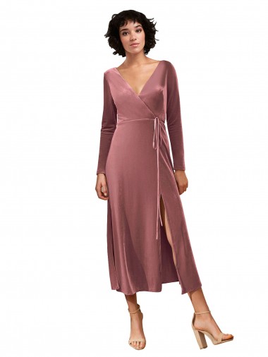 Stretch Velvet V-Neck Long Sleeves Midi Length Black Tie Prom Dress / Bridesmaid Dress Essex