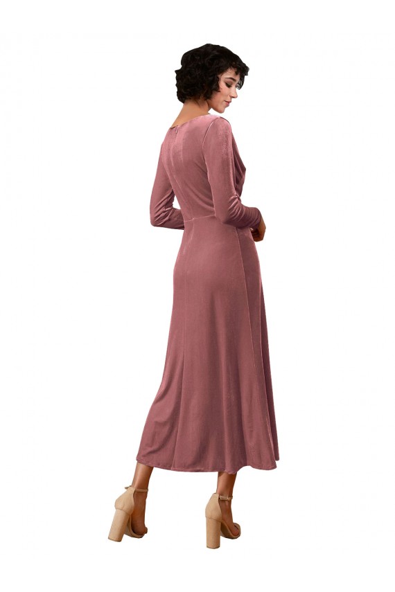 Stretch Velvet V-Neck Long Sleeves Midi Length Black Tie Prom Dress / Bridesmaid Dress Essex