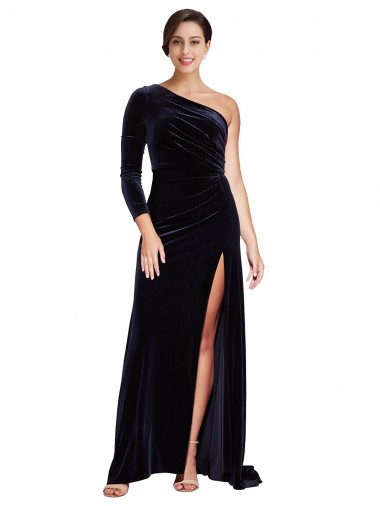 Stretch Velvet One Shoulder Long Sleeves Sweep Train Formal Evening Gown / Prom Dress / Bridesmaid Dress Essex
