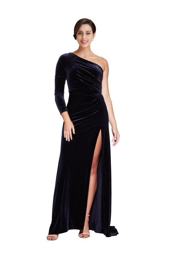 Stretch Velvet One Shoulder Long Sleeves Sweep Train Formal Evening Gown / Prom Dress / Bridesmaid Dress Essex