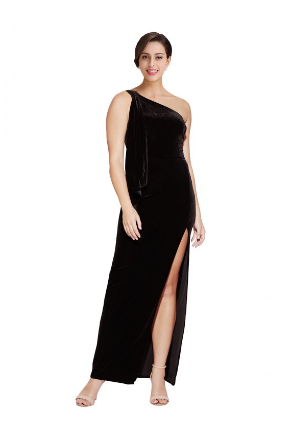 Stretch Velvet One Shoulder Sleeveless Black Long Formal Evening Gown / Prom Dress / Bridesmaid Dress Essex