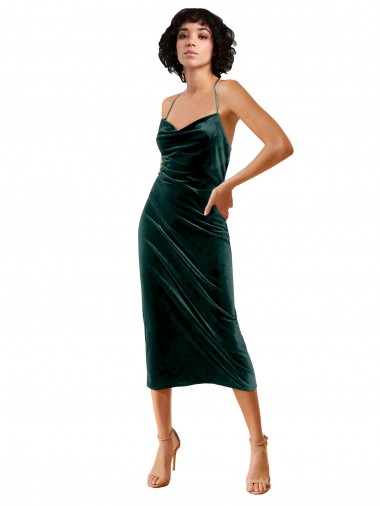 Stretch Velvet Spaghetti Straps Sleeveless Open Back Midi Length Formal Dress / Bridesmaid Dress Essex