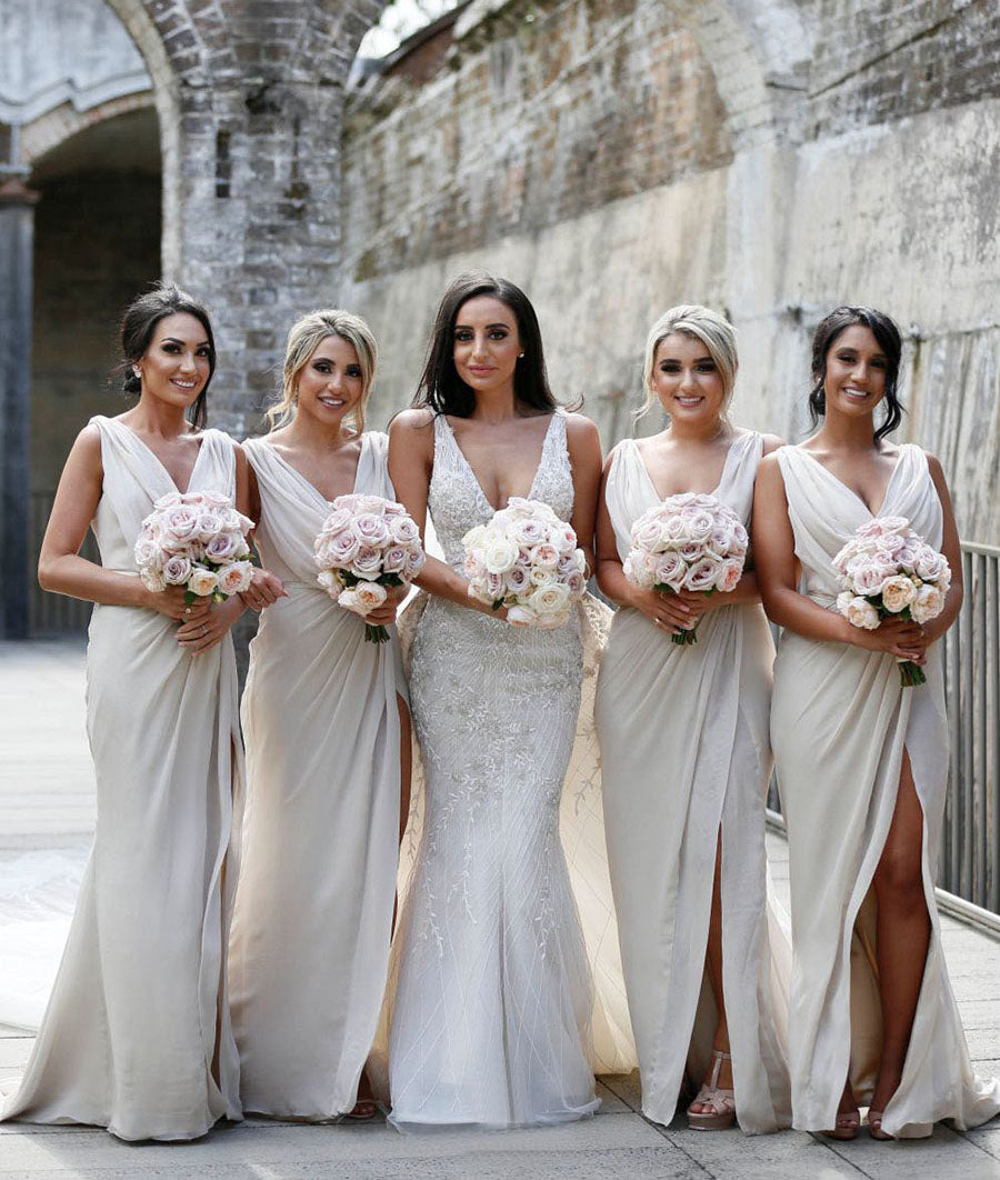 Full Length Luxe Chiffon Long Champagne bridesmaid dresses Essex with Sexy High Slit and Front Ruffles