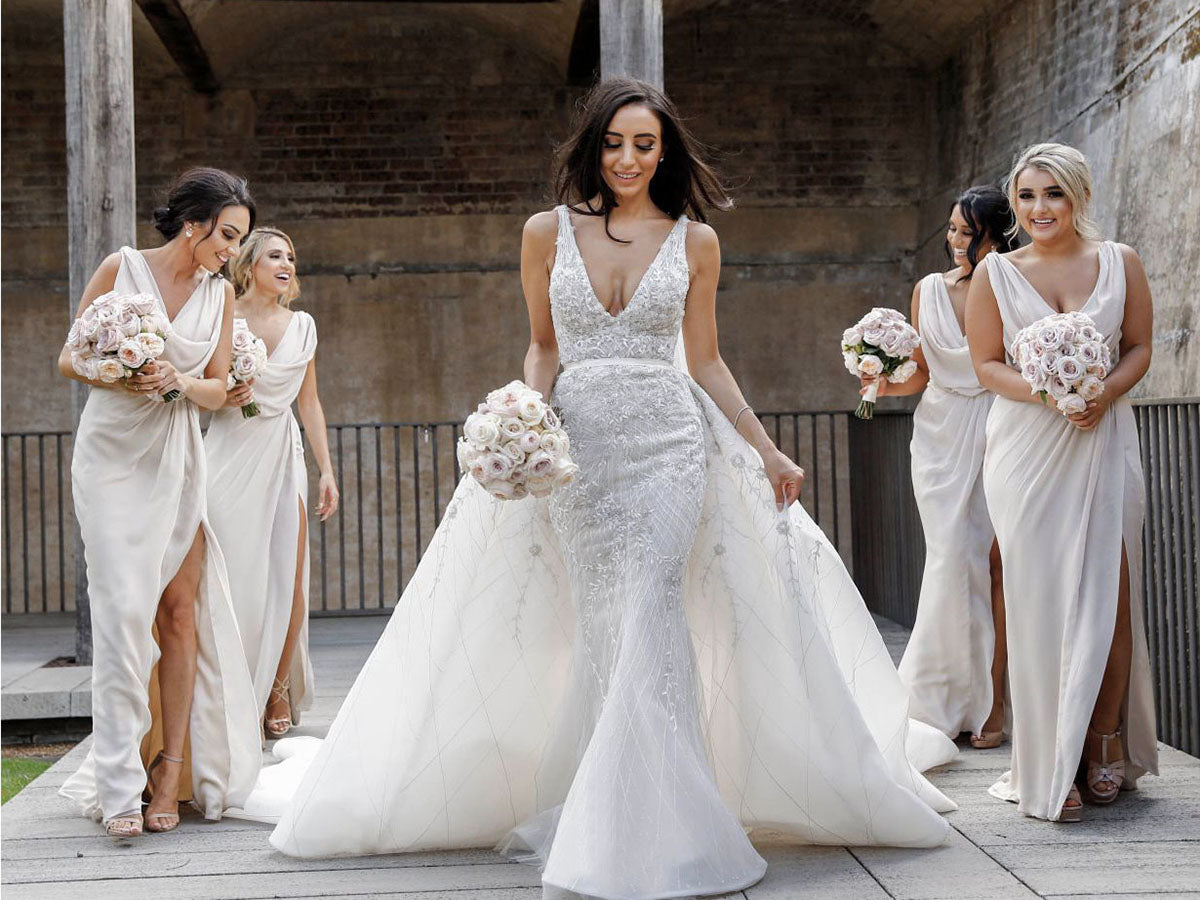 Full Length Luxe Chiffon Long Champagne bridesmaid dresses Essex with Sexy High Slit and Front Ruffles