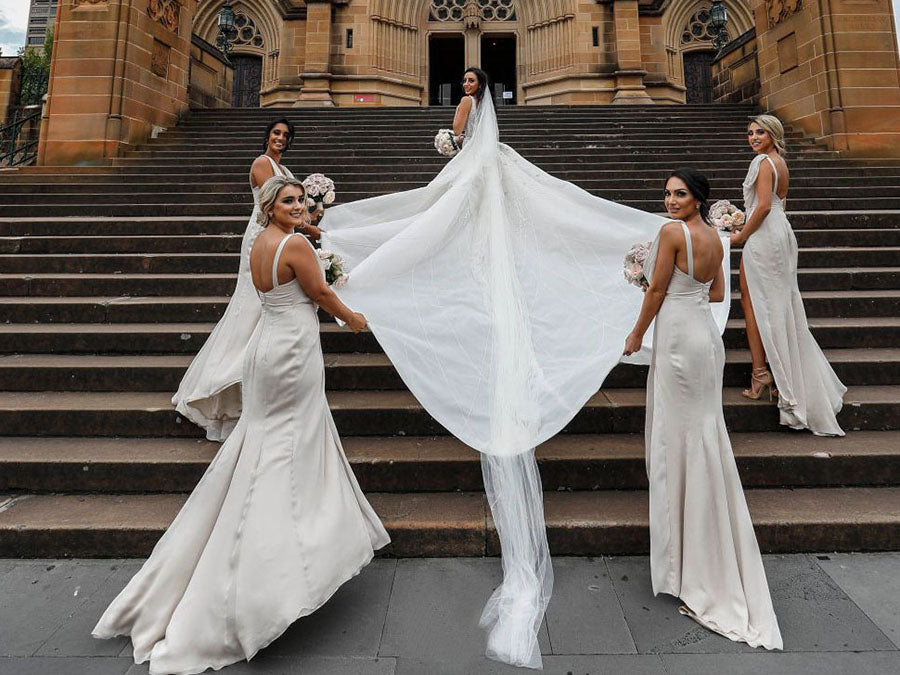 Full Length Luxe Chiffon Long Champagne bridesmaid dresses Essex with Sexy High Slit and Front Ruffles