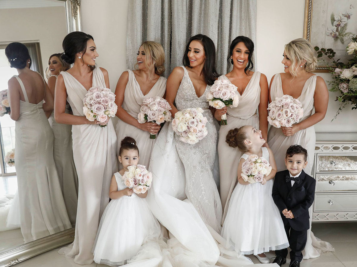Full Length Luxe Chiffon Long Champagne bridesmaid dresses Essex with Sexy High Slit and Front Ruffles