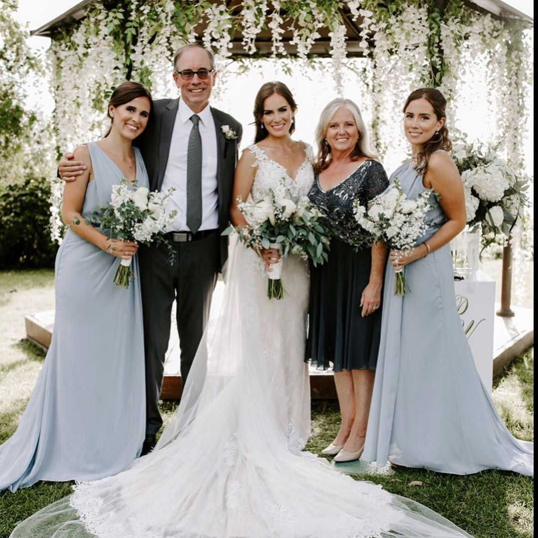 Dusty Blue Full Length Luxe Chiffon Long Champagne bridesmaid dresses Essex with Sexy High Slit and Front Ruffles